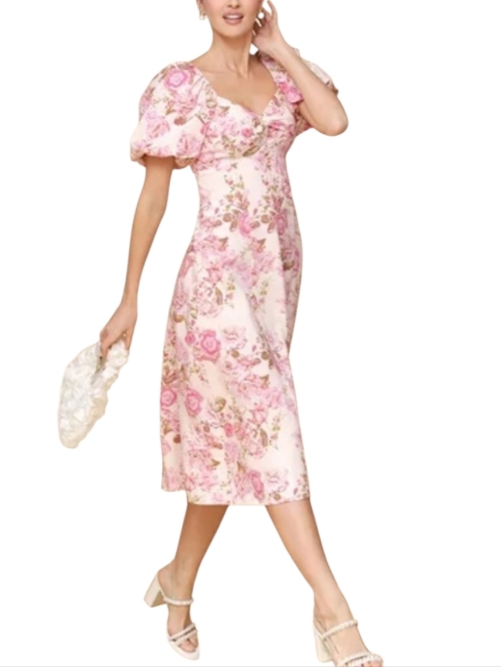 Nwot Avec Les Filles Pink Floral Puff Sleeve Sweetheart Neckline Midi Dress